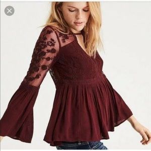 American Eagle Burgundy Long Flared Sleeve Lace Front Floral Blouse